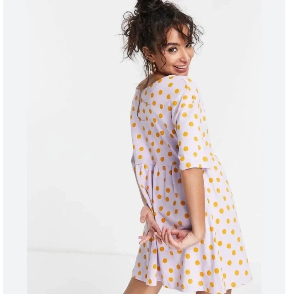 ASOS Design Women's Baby Doll Dress Size 0 Lilac Polka Dot Tie Oversized - Picture 3 of 12